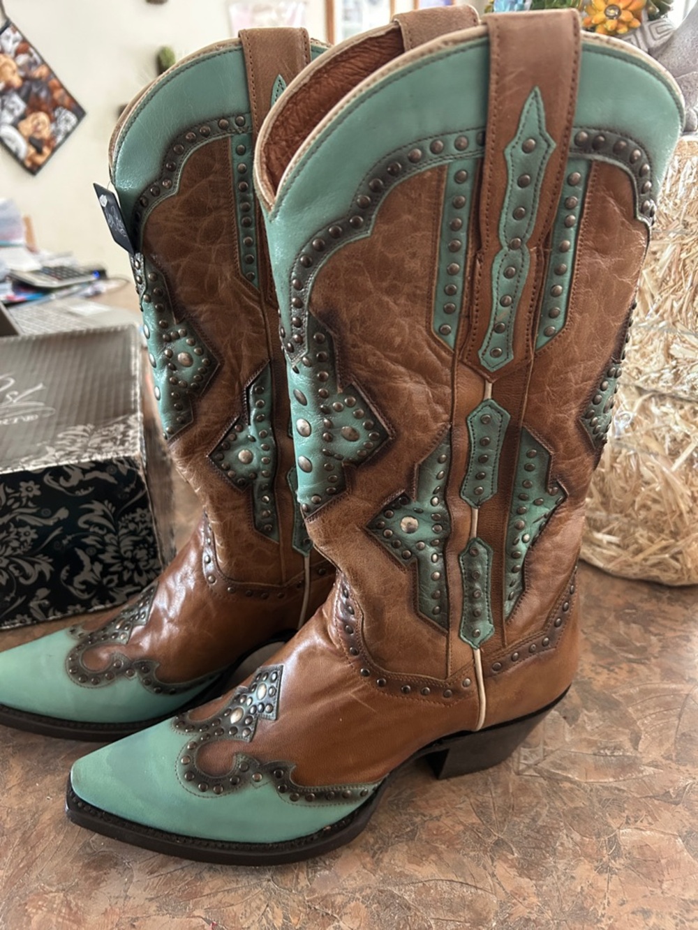 Dan Post Women’s Leather Brown and Turquoise Studded Western Boots - Picture 2 of 12